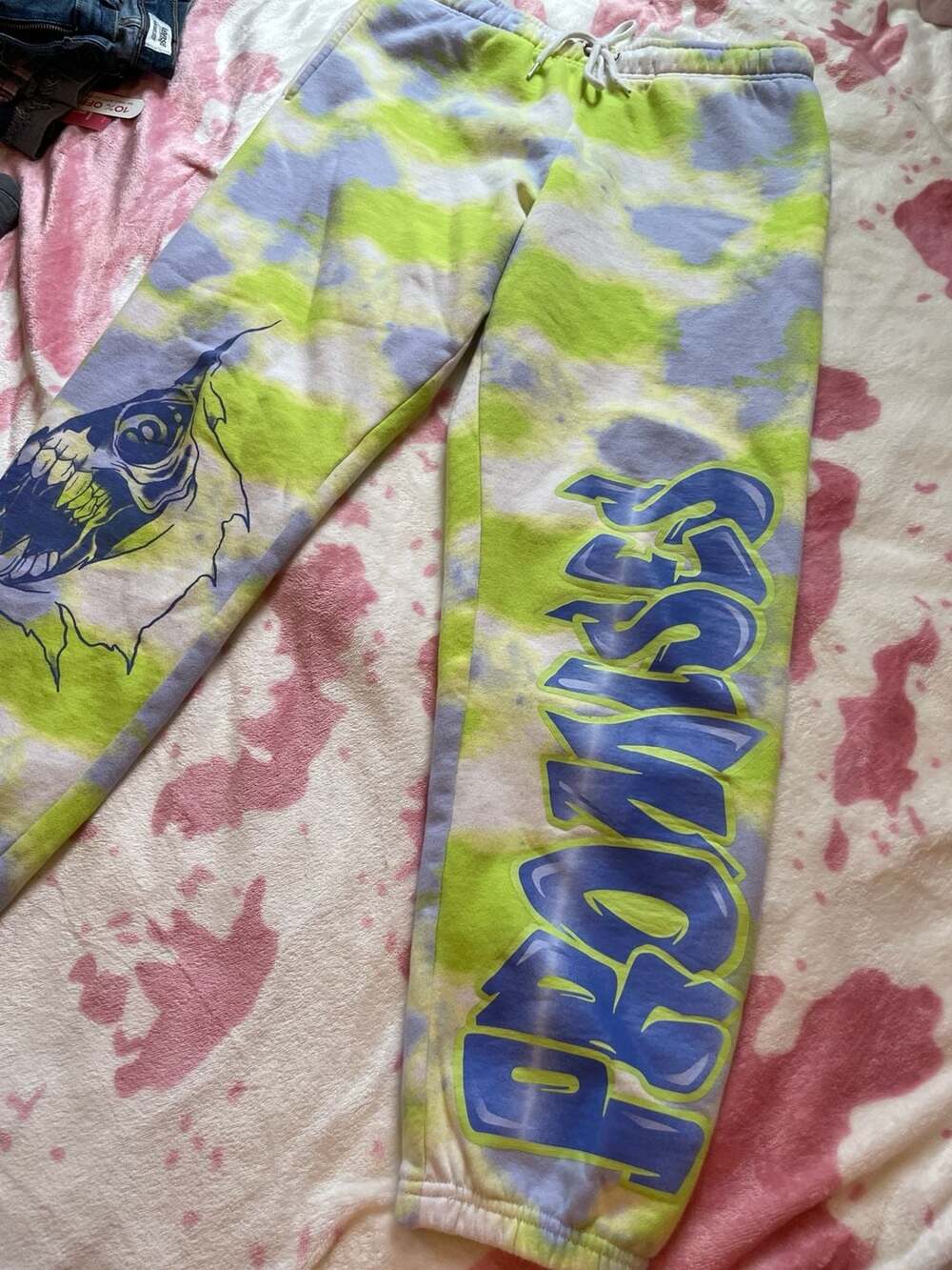 Broken Promises Lime Green & Purple Tie Dye Skull Graphic Sweatpants Size Large